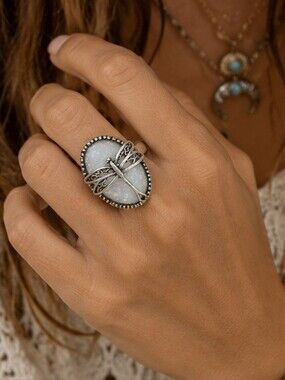 Silver Dragonfly Synthetic Opal Ring Size 7